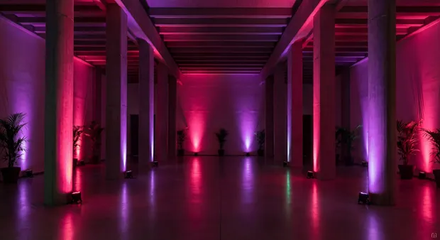Ambientelich in einem Veranstaltungsraum in Lila und Pink