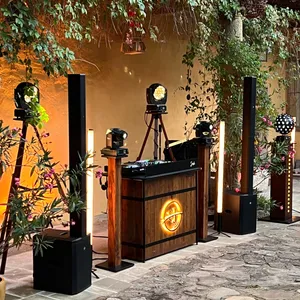 DJ-Pult mit Lichttechnik in einem begrünten Innenhof