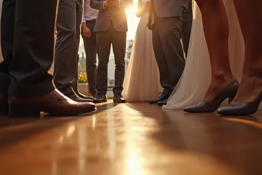 Eye-level view of a wedding party with guests playing a shoe game