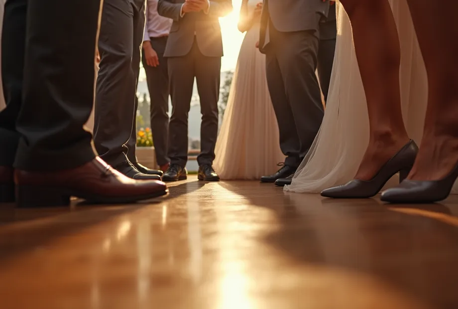 Eye-level view of a wedding party with guests playing a shoe game