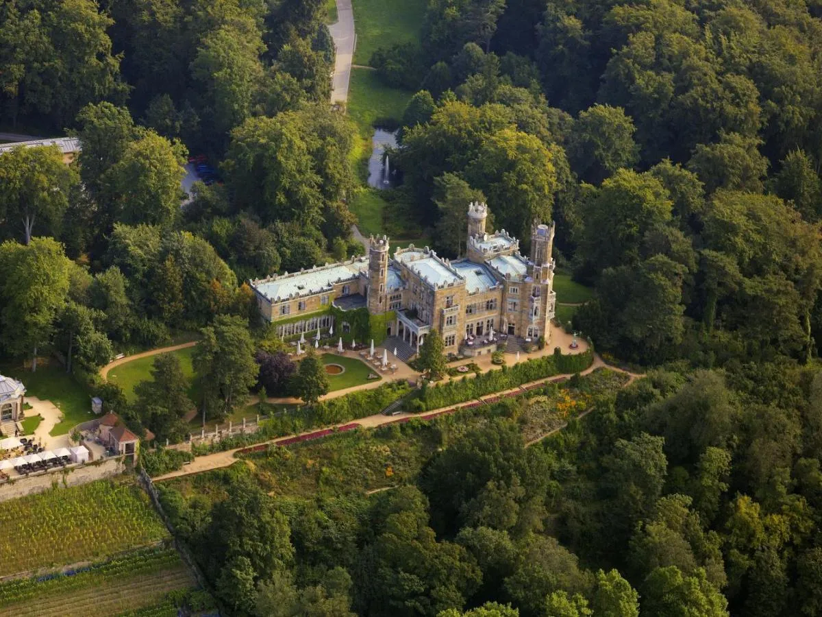 Luftaufnahme von Schloss Eckberg im bewaldeten Park